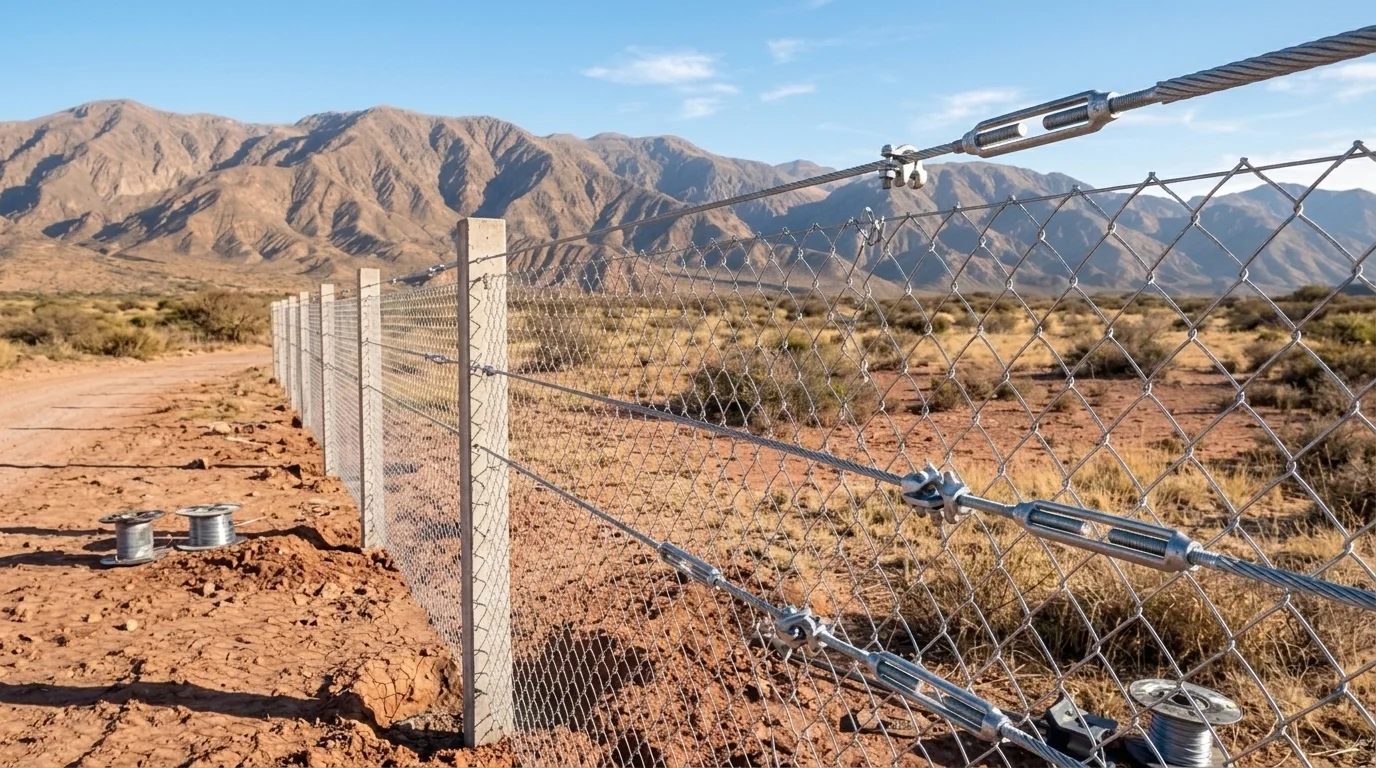 Malla romboidal de alambre galvanizado Acindar tensada con planchuelas y torniquetes